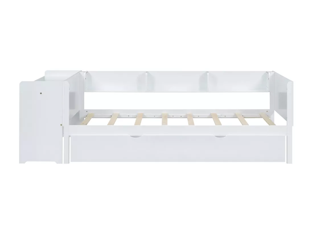 Lit gigogne 90 x 200 cm + 90 x 180 cm avec bureau et 3 étagères - bois massif de pin - sommier à lattes - blanc