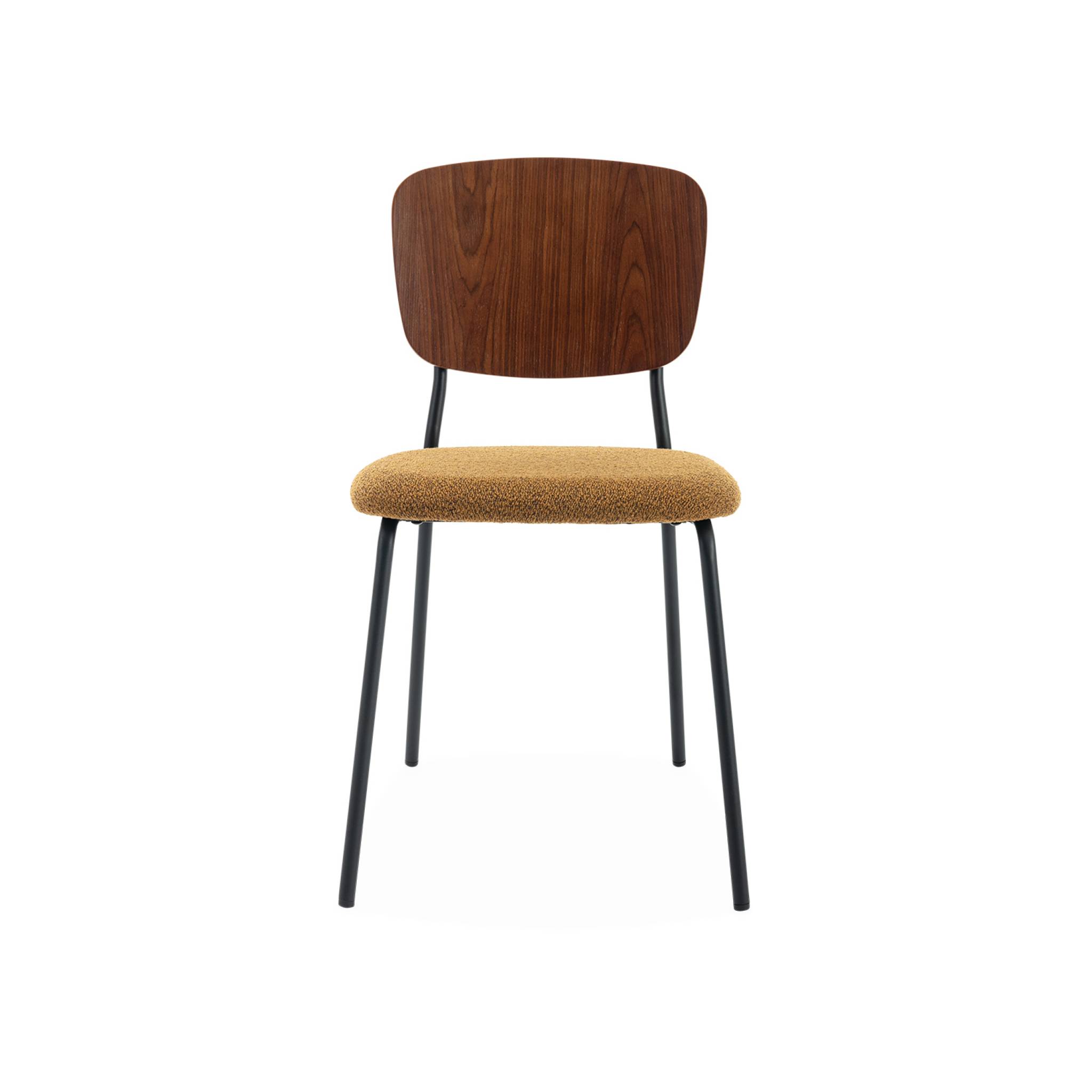 Lot de 2 chaises assise bouclette texturée moutarde. Dossier bois de peuplier courbé. Pieds en métal noir mat