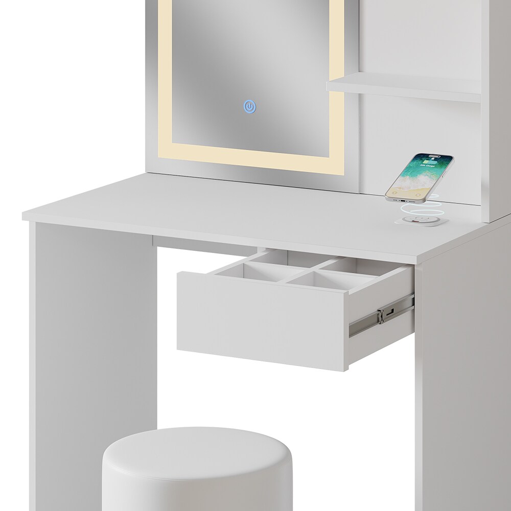 Vicco Schminktisch Dekos Weiß 75 cm mit LED-Spiegel QI-Ladestation und Hocker