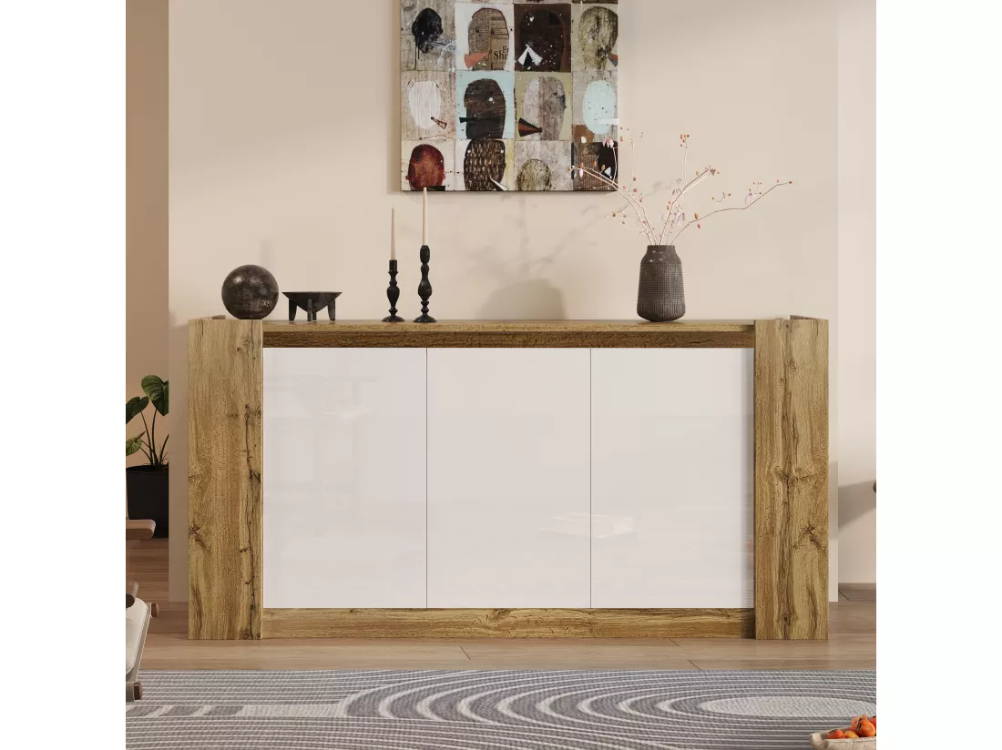 Buffet avec 3 portes en blanc brillant - 150 x 40 x 70.5 cm - LEDs - Etagères réglables - panneau de particules - Naturel et blanc