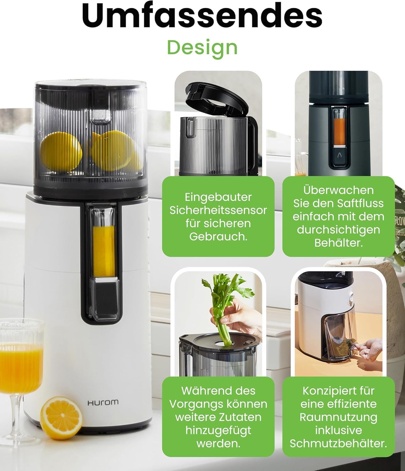 Hurom Slow Juicer | Entsafter Gemüse und Obst | H400 | Leicht zu Reinigen & Leiser Motor Elektrischer Entsafter mit großem Behälter und Siebfilter 2L | 150 Watt | BPA Frei | Weiß