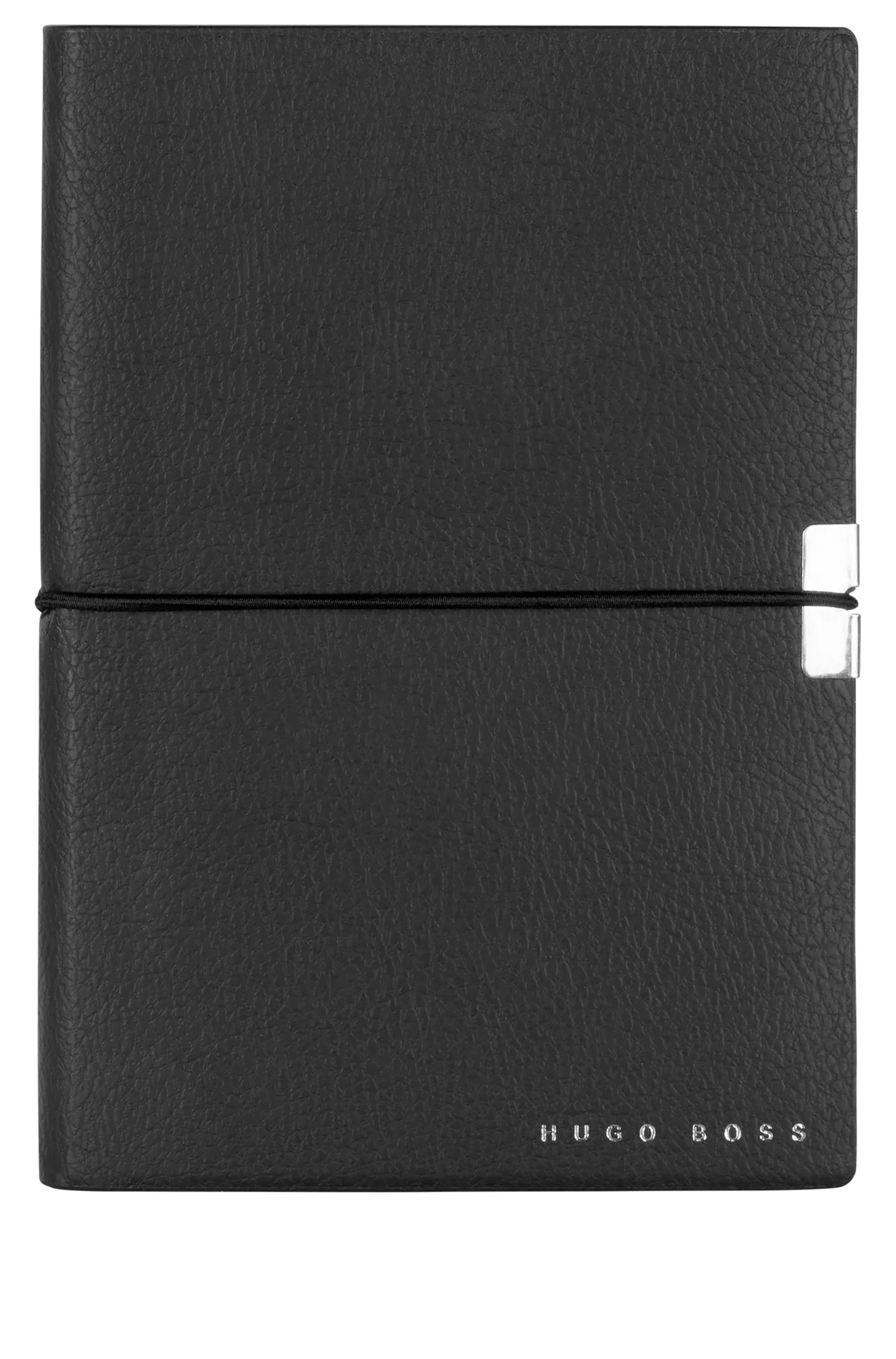 Caderno BOSS Black-A6 em couro sintético preto com elástico.