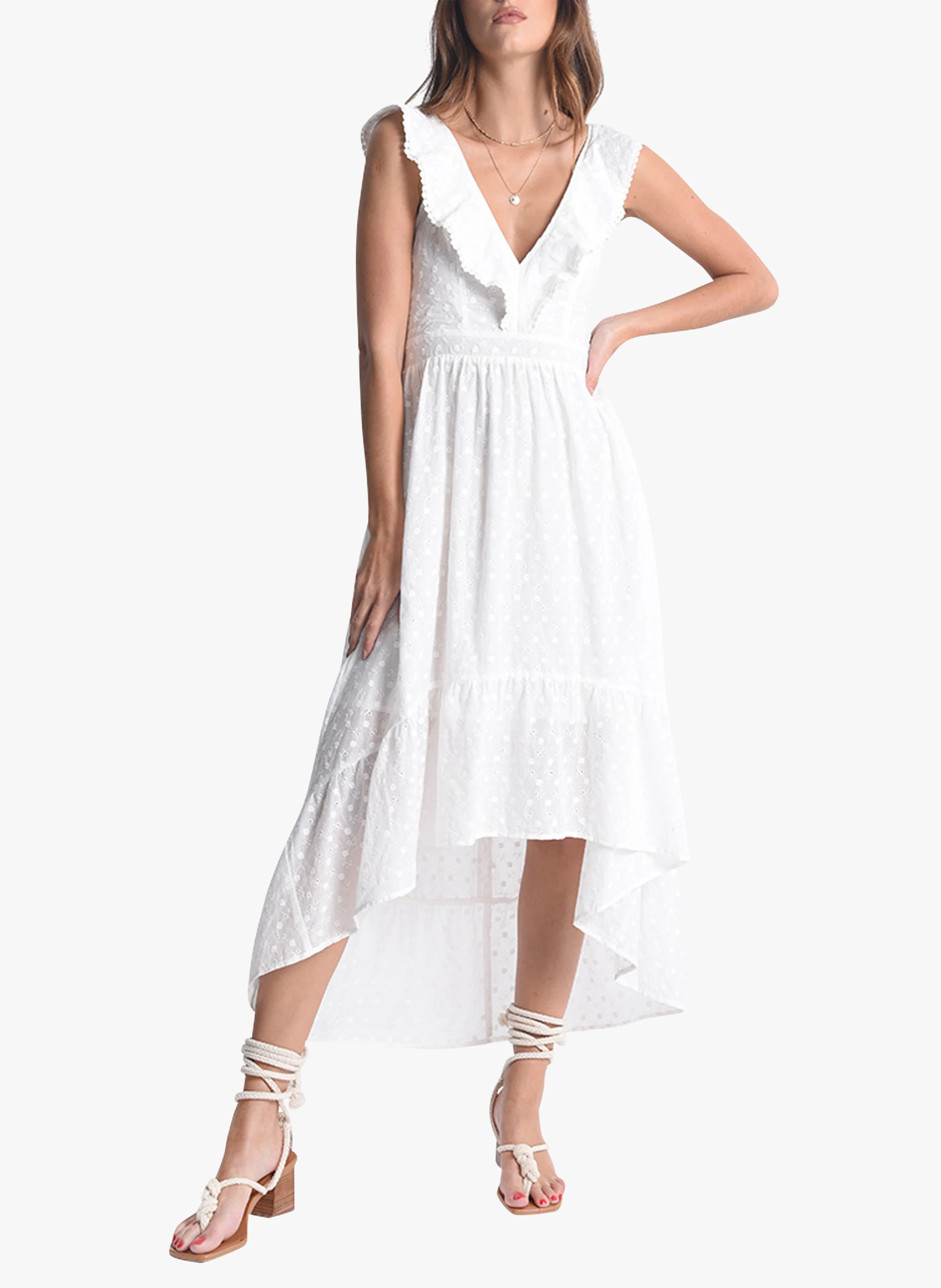Robe longue en coton avec broderie anglaise | Blanc