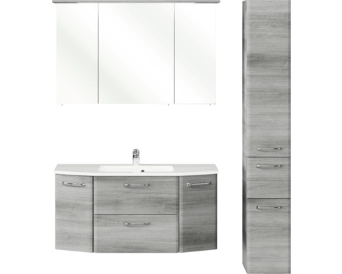 Pelipal Quickset 328 badkamermeubelset, afmetingen (B x H x D): 145 x 200 x 39 cm, fronten in grafietstructuur (horizontaal patroon), met wastafel van mineraalglas en hoge kast (328.120002).