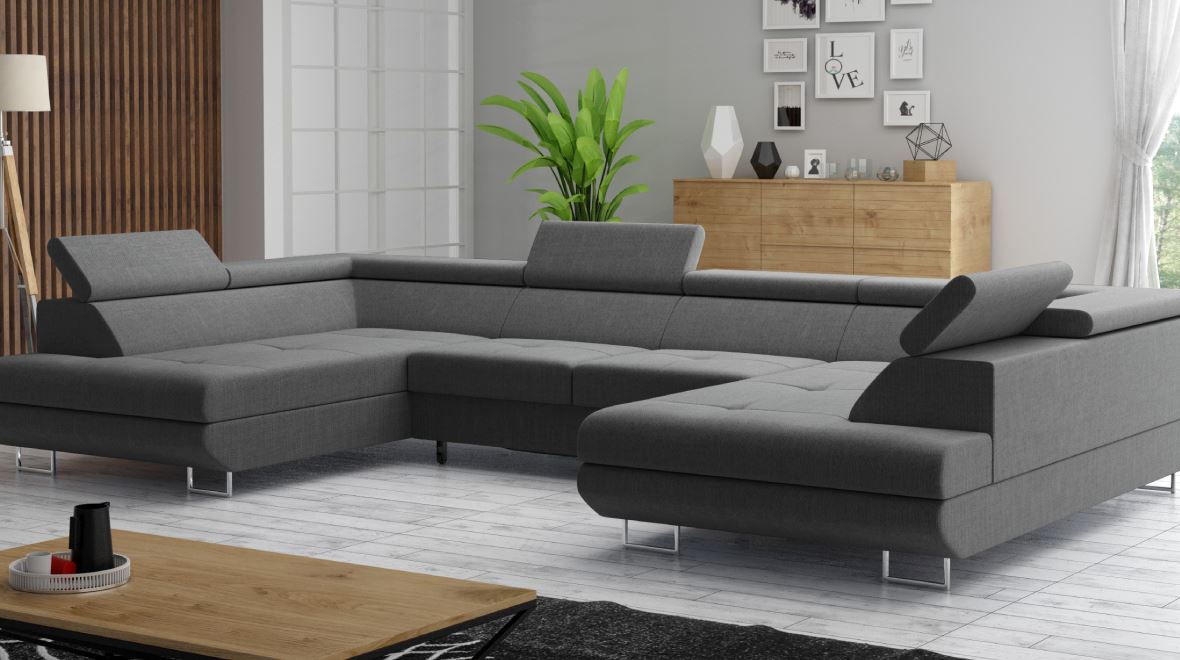 M-Punkt Wohnlandschaft in U – Form, Schlaf- und Ecksofa - mit Bettfunktion, Bettkasten und Kopfteilverstellung - Grau