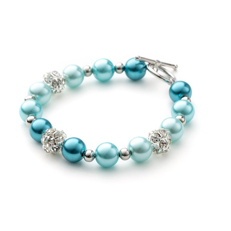 Bracelet 1 Rang en Perles Bleues, Cristal et Plaqué Rhodium
