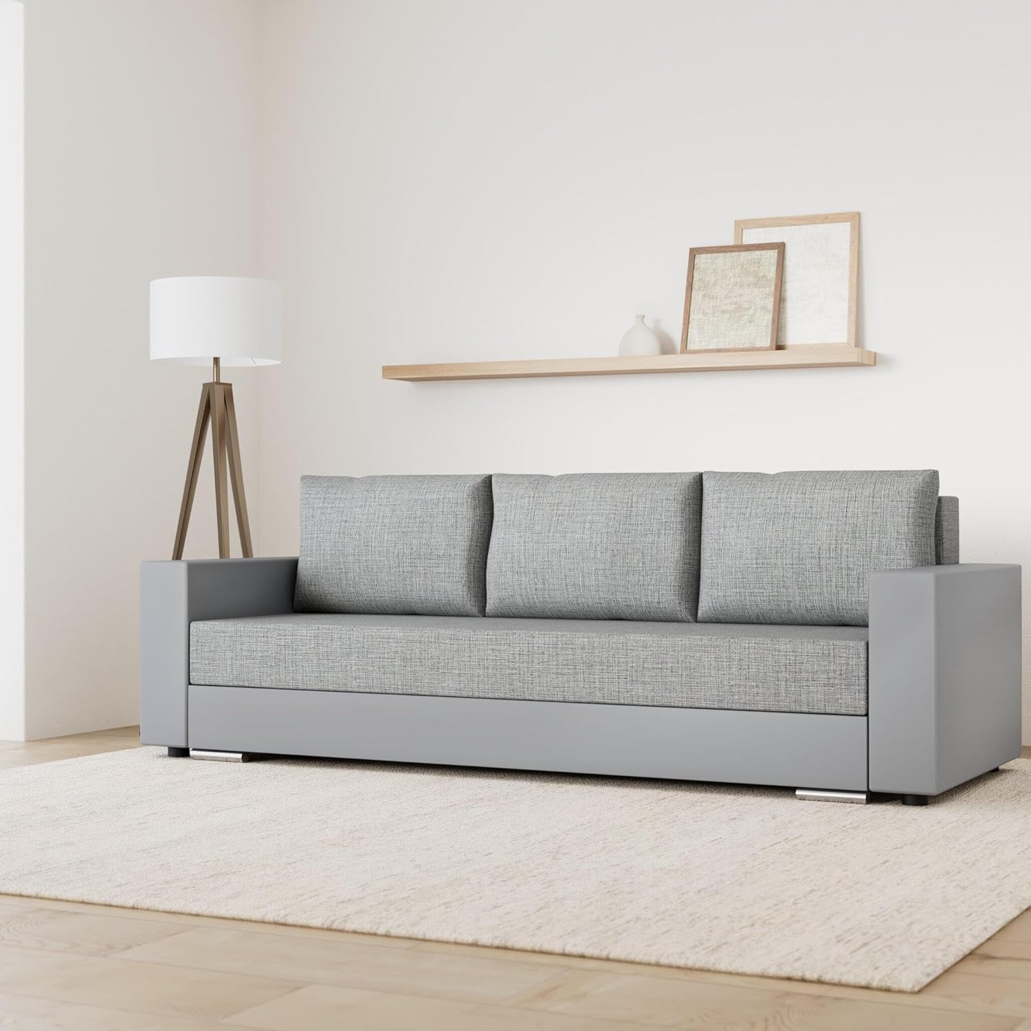Schlafsofa Bird - Sofa mit Schlaffunktion und Bettkasten, Klappsofa, Schlafcouch mit Chromfüße, Couch, Couchgarnitur, Sofagarnitur (Grau + Grau (Dolaro 04 + Berlin 01))