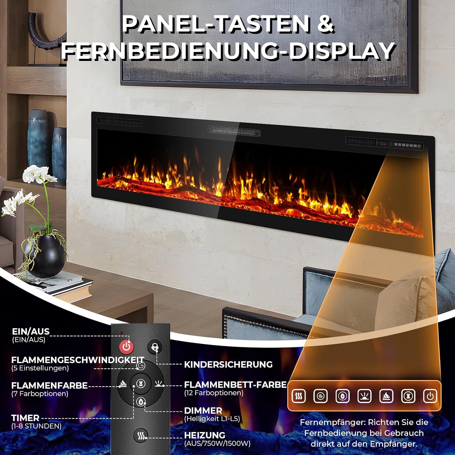 Quiniver 68' Elektrischer Kaminofen, Wandmontage/Einbau, 1500W & 750W Heizmodi, 7 Flammen- & 12 Glutfarbe, Fernbedienung & Touchscreen, 8h Timer, 40dB Leise, CE-Zertifiziert