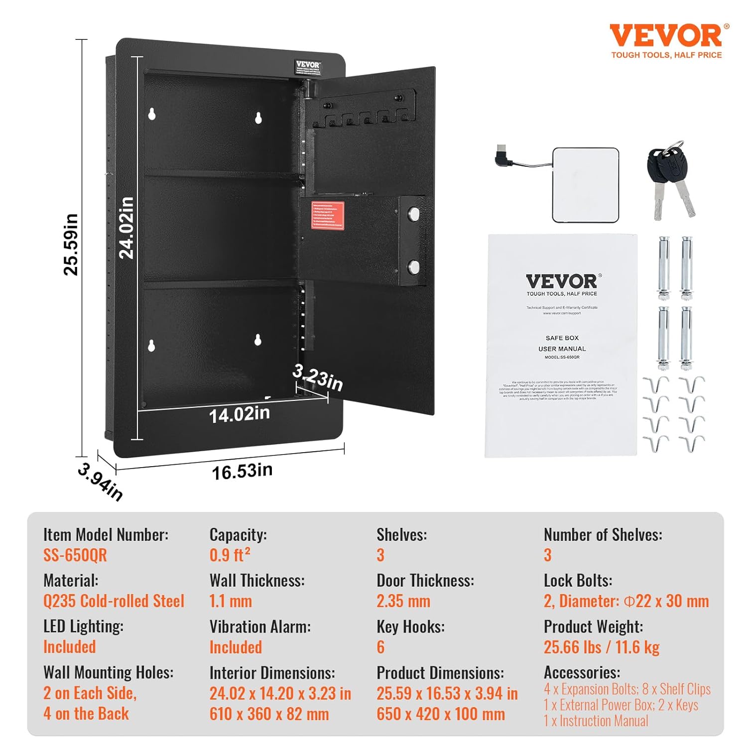 VEVOR 3-stufiger Waffentresor Wandtresor Safe, 3 herausnehmbaren Regalen 6 Schlüsselhaltern LED-Licht Vibrationsalarm, Tastenfeld und Schlüssel, für Langwaffe Pässe Schmuck Bargeld wichtige Dokumente
