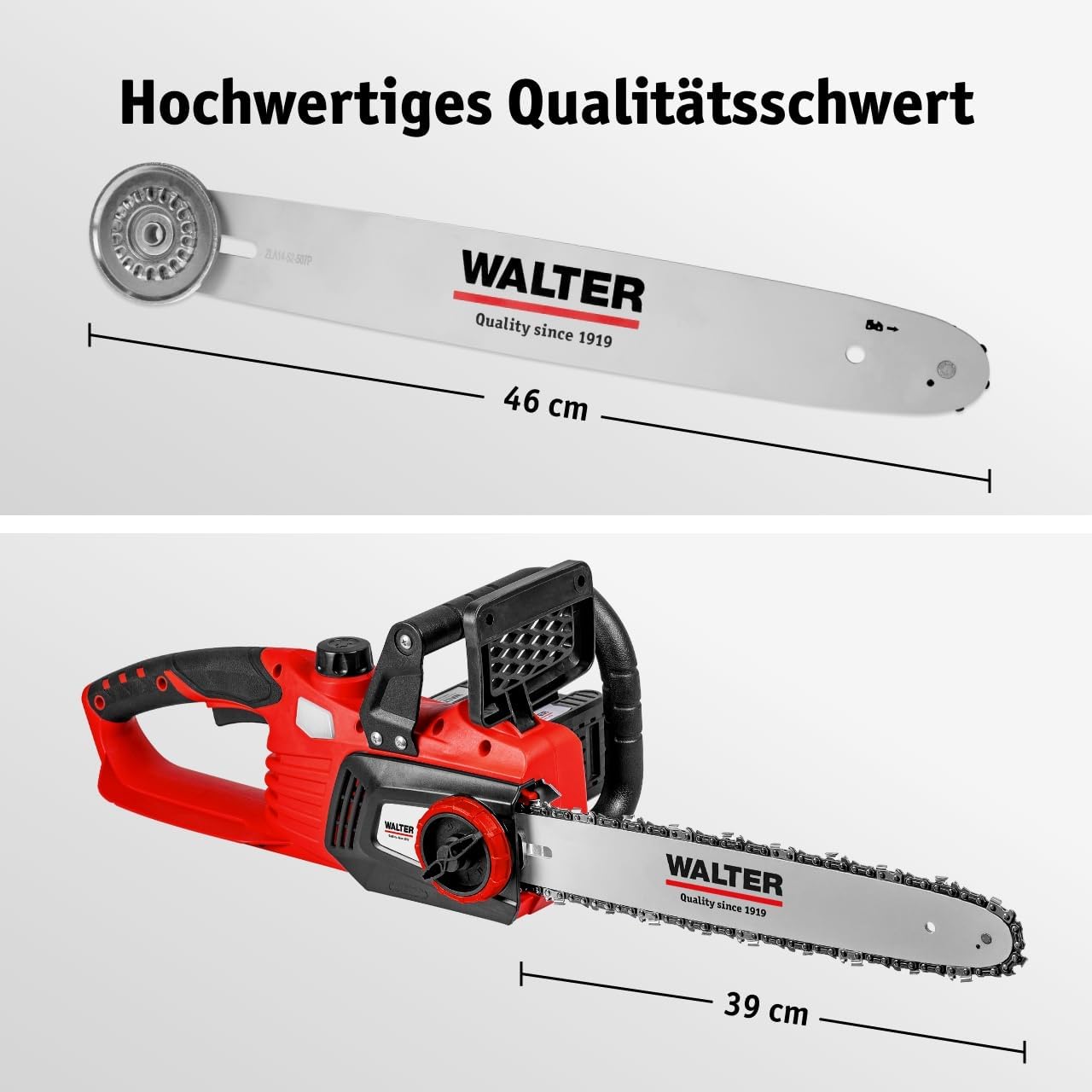 WALTER Li-Ion Akku-Kettensäge 40 V brushless, Kettengeschwindigkeit 13 m/s, Schnittlänge 350 mm, kraftvolle Leistung, leichte Handhabung, ca. 30 min Laufzeit, inkl. Schwert, Sägekette und 2 Akkus