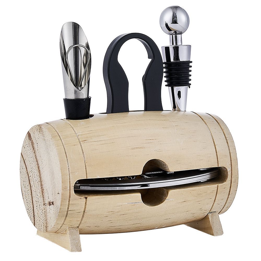 Set 4 accessoires à vin dans tonneau en bois