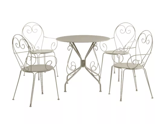 Salle à manger de jardin en métal façon fer forgé : une table et 4 fauteuils empilables - Beige - GUERMANTES de MYLIA