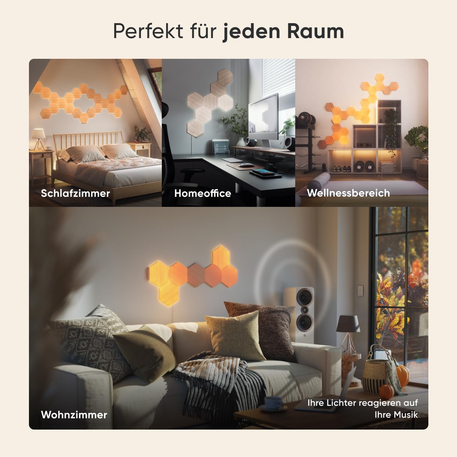 Nanoleaf Elements Hexagon Starter Kit, 7 Smarten Holzoptik LED Panels - Modulare Dimmbare WLAN Wandleuchte Innen, Musik Sync, Deko Wohnzimmer Schlafzimmer Büro