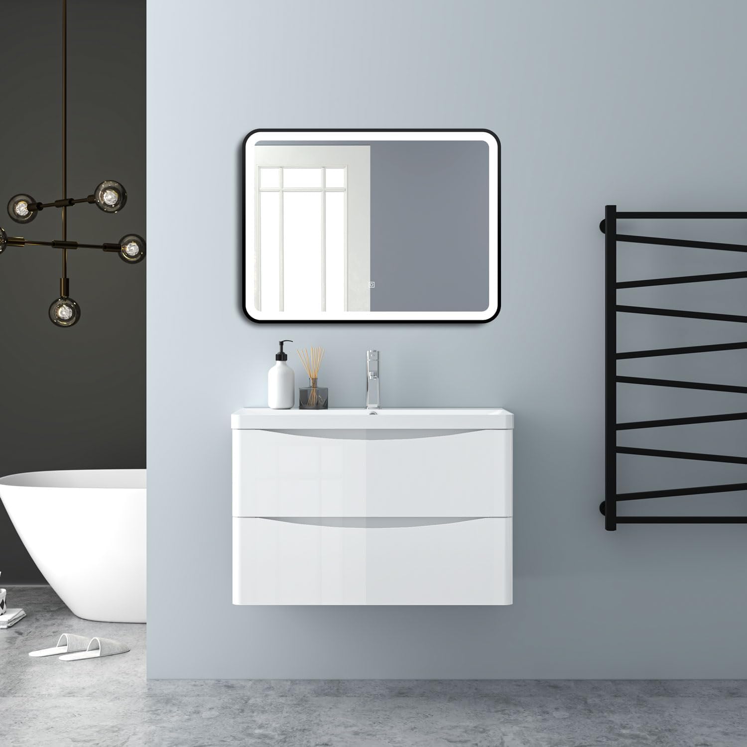 Hochglanz Weiß Badezimmerschrank 80cm Mineralgusswaschbecken mit Unterschrank Badmöbel-Set 2 Soft-Close Schubladen Hängend