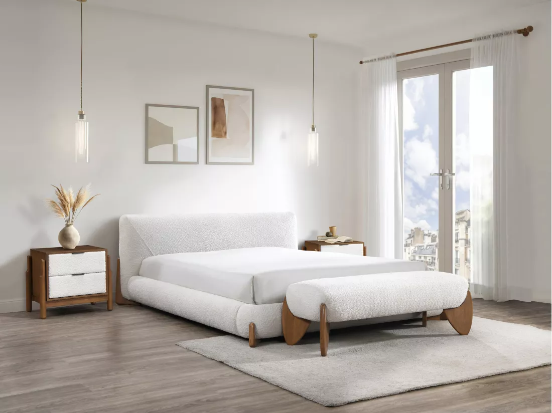 Banc en tissu bouclette - Blanc et naturel - GAMURA