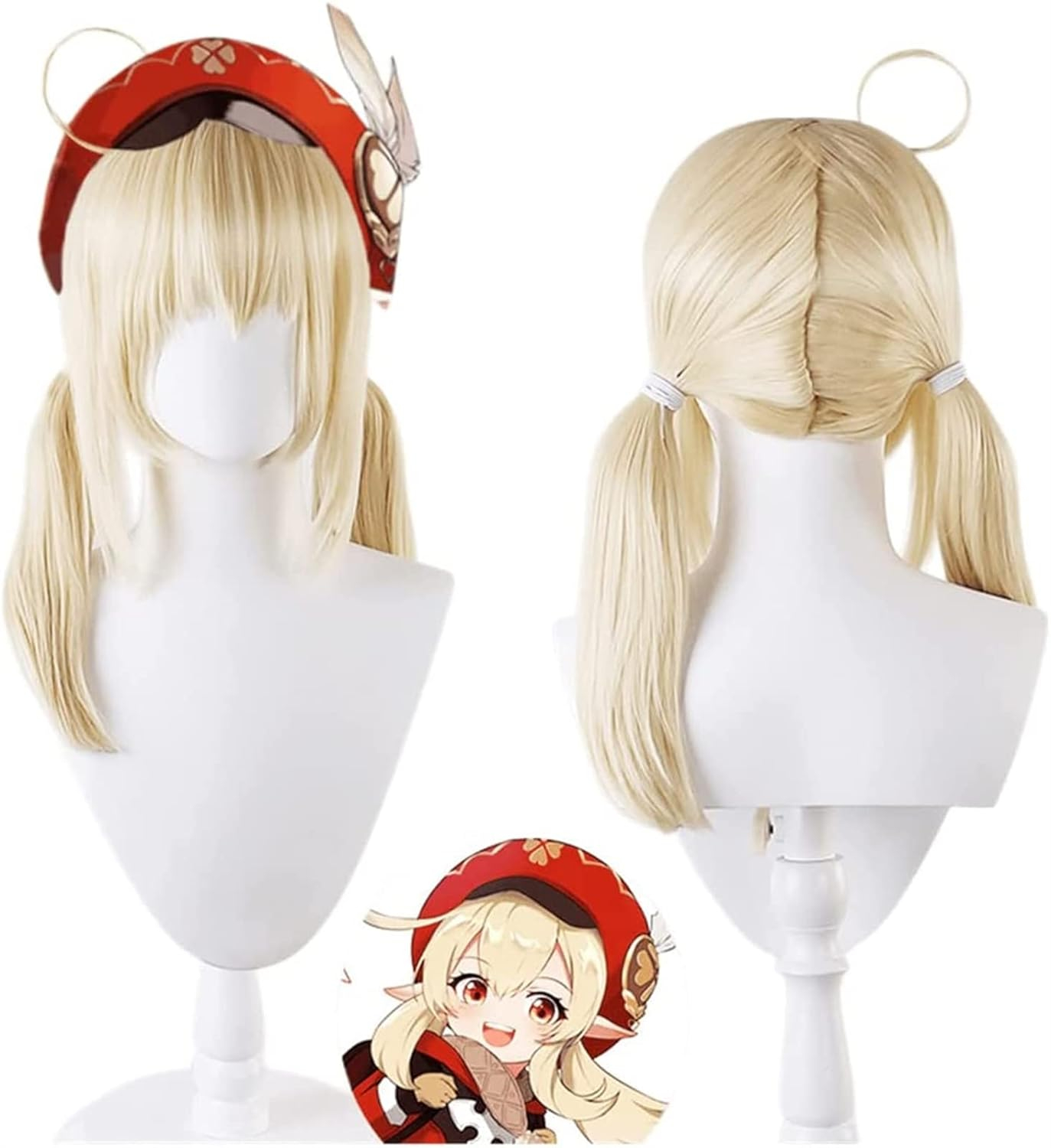 (42cm) Anime Cosplay Perücke mit Zöpfe Ke Li Klee Fasnacht Kostüm Zubehör Motto Party / Halloween Accessoire inkl. Haarnetz - Blond