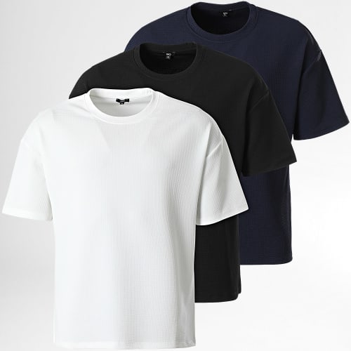 Lot De 3 Tee Shirt Texturé Waffle Large 0422 Noir Bleu Marine Blanc