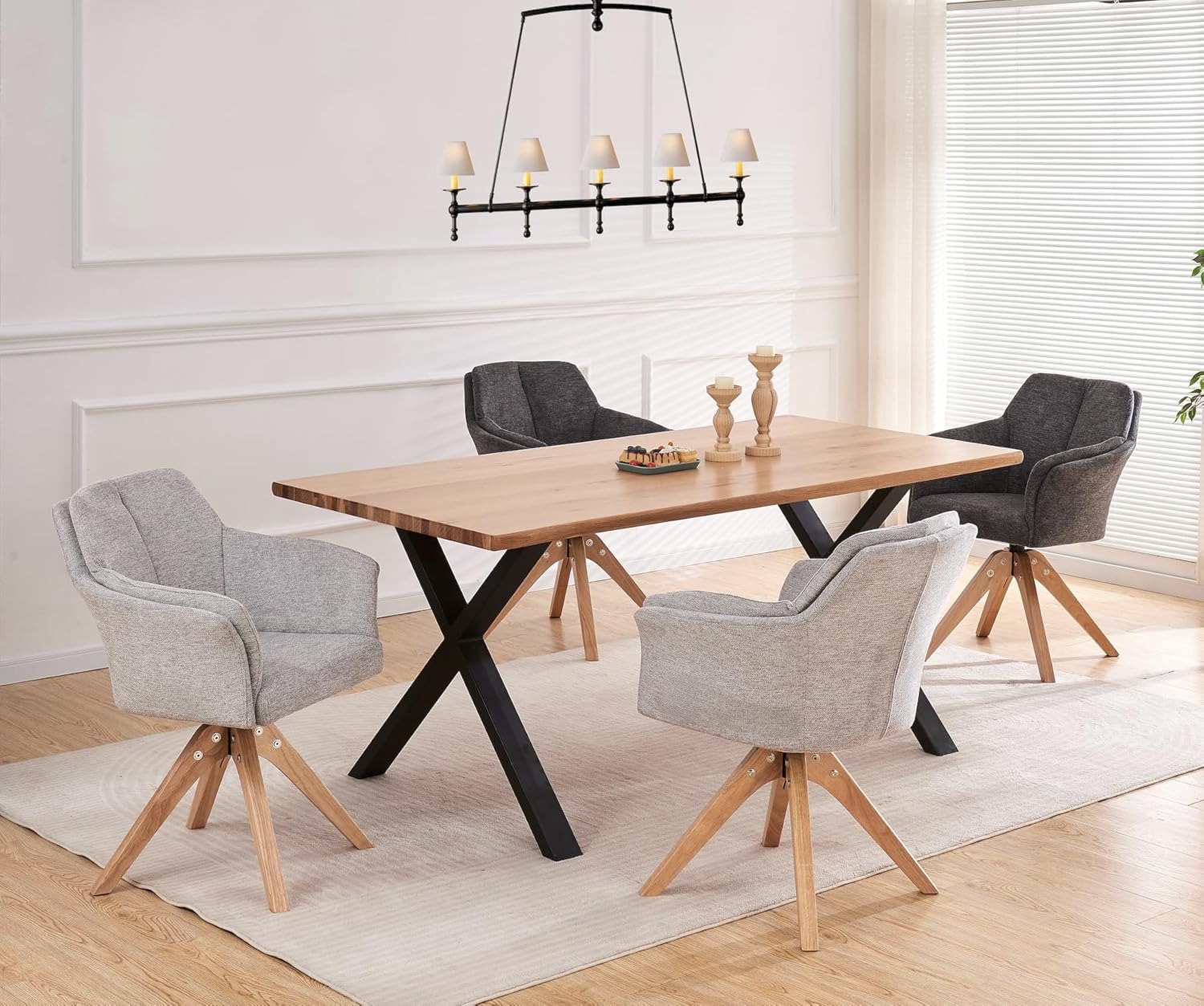 B&D home® Esszimmerstuhl Daisy drehbar – Armlehnenstuhl mit 360° Drehfunktion, Webstoff Grau, gepolsterte Sitzschale, Massivholzgestell Natur, skandinavisches Design für Esszimmer, Küche, Home Office