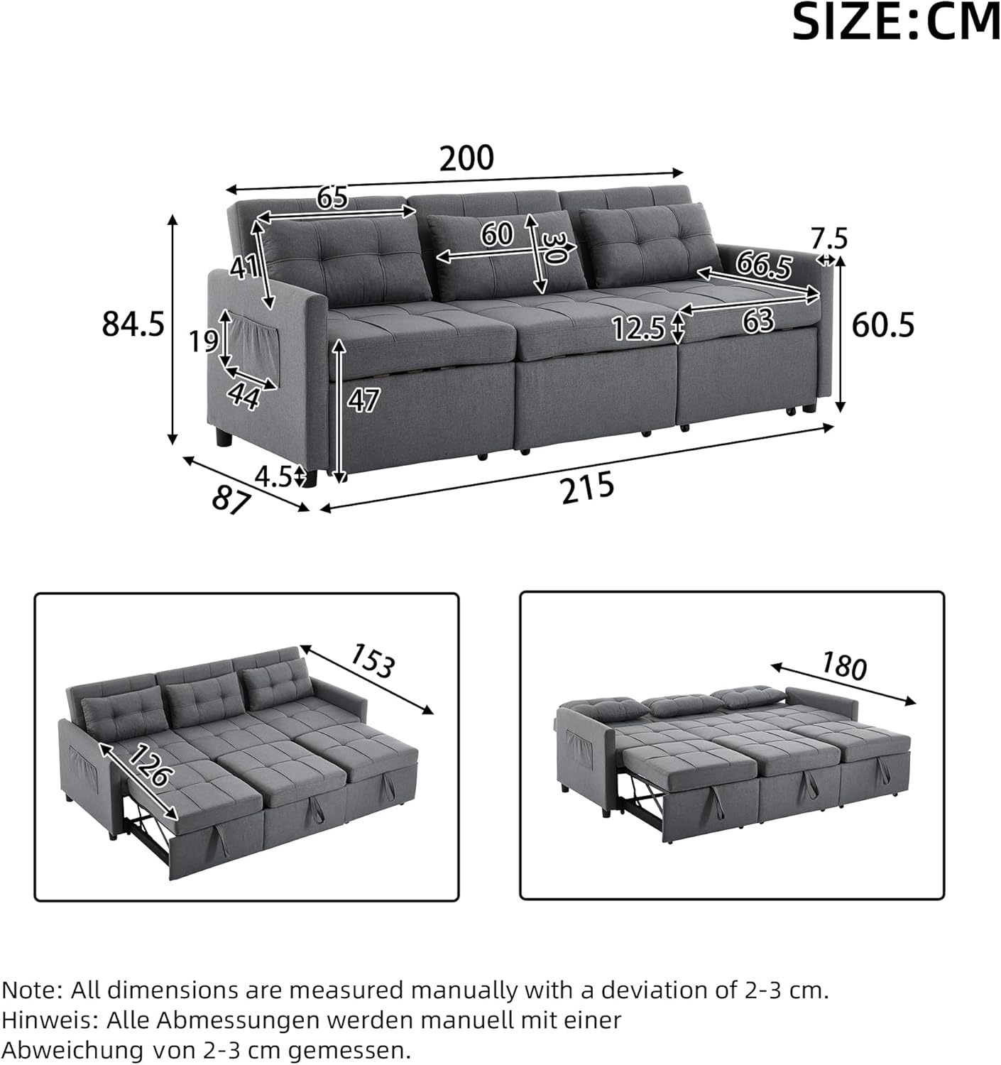 Schlafsofa 3 Sitzer Ausziehbar, 7-in-1 Ecksofa L-Form mit Bettkasten, Funktionssofa mit Rollen & Verstellbarer Rückenlehne, Gästebett Grau 215×180cm