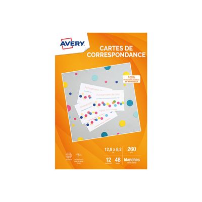 Avery - 48 Cartes de correspondance à bords lisses - 128 x 82 mm - 260 g/m² - impression jet d'encre (C2318-12)