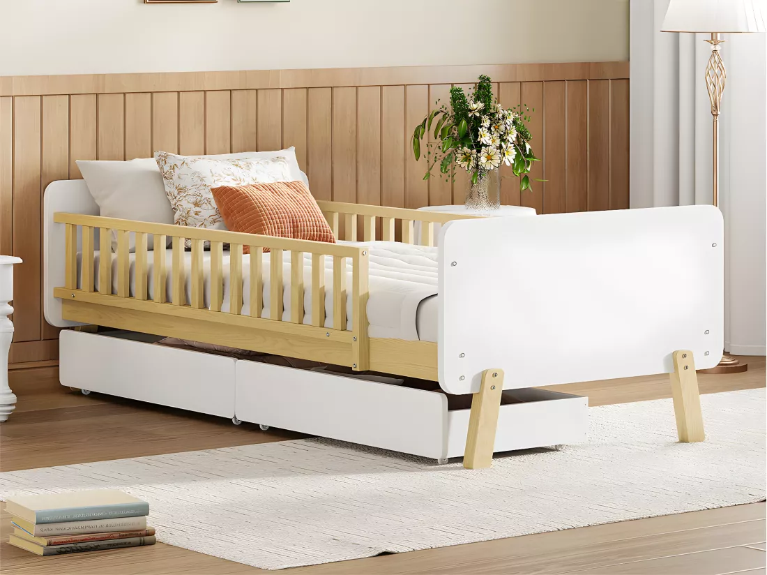 Lit enfant 90x190cm avec 2 tiroirs - lit simple en bois massif avec sommier à lattes - Blanc