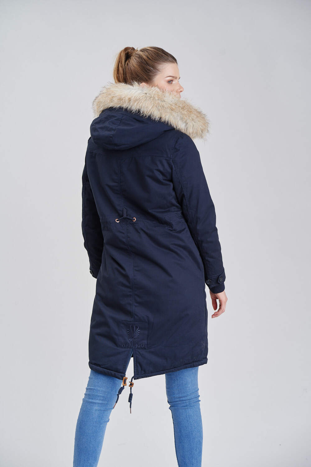 NAVAHOO Damen Designer Langer Wintermantel Parka mit Kunstfell-Kapuze Kin-Joo