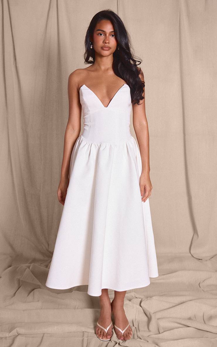 Blanc Robe Midi Patineuse Bustier À Buste Pointu En Tissu Tissé Premium
