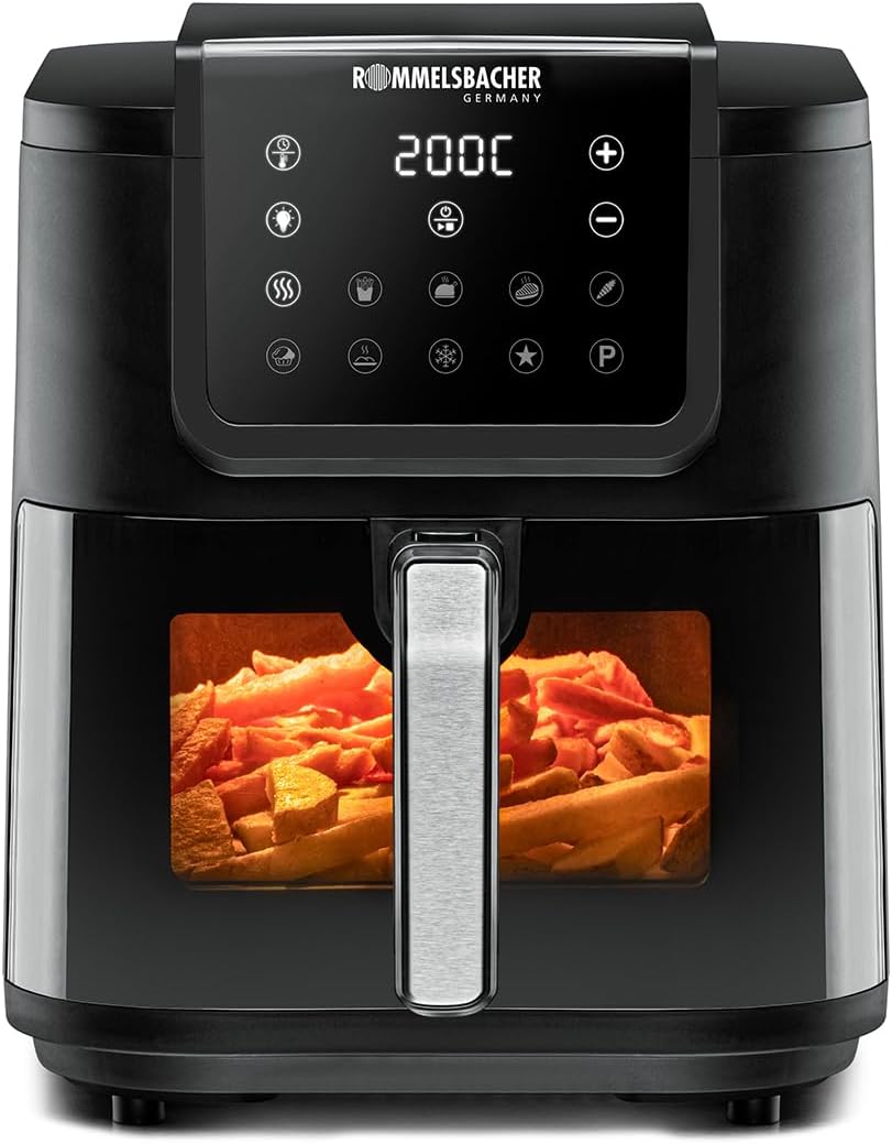 ROMMELSBACHER Heißluftfritteuse FRH 1700, XXL-Backraum 8 Liter (ca. 21 x 30 cm) für 1.000 g Pommes, sehr leiser Betrieb 45 db(A), 10 Programme, 60-200 °C, großes Sichtfenster mit Innenraumbeleuchtung