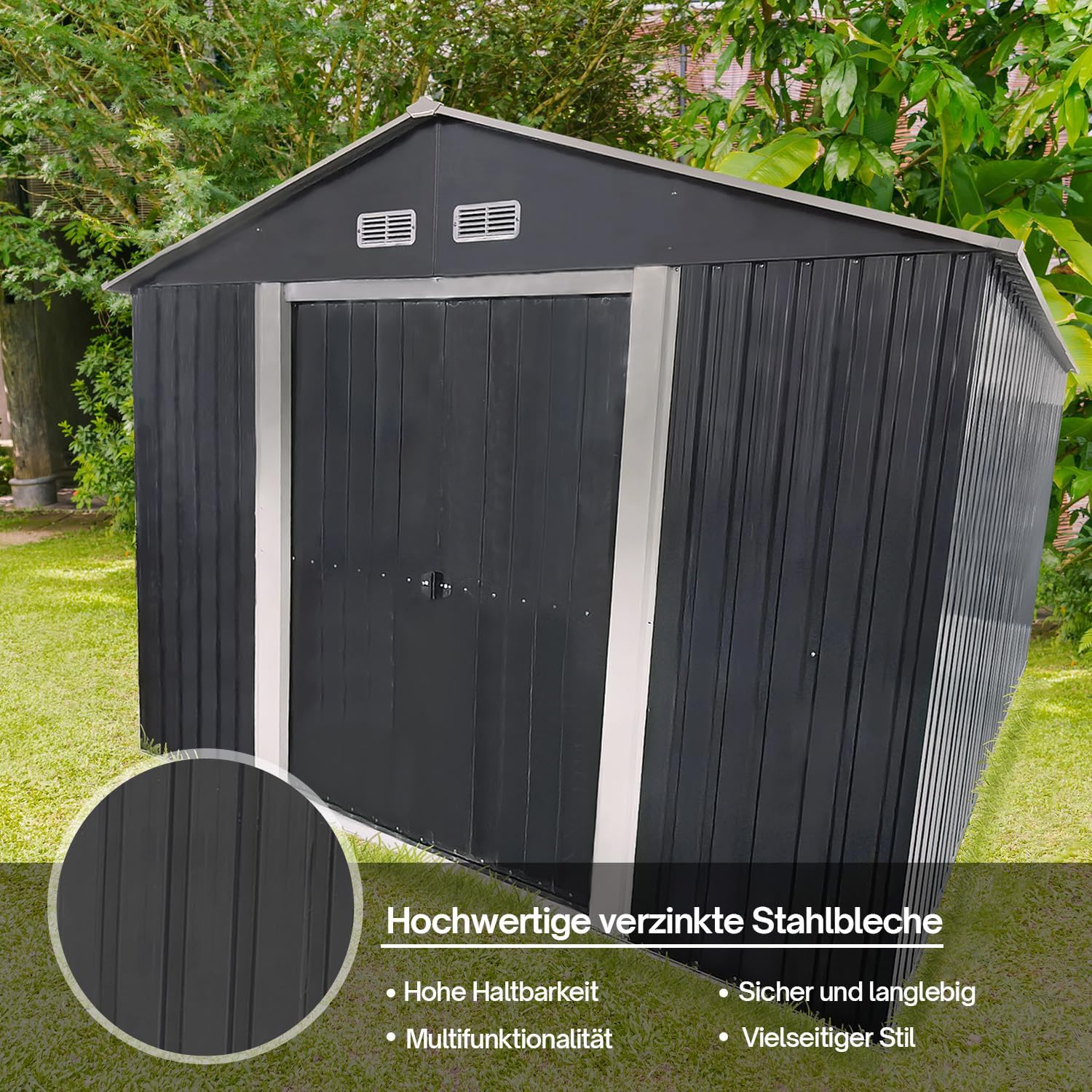 4iQ Metall Gerätehaus 9 m² – Stahl Gartenhaus 303 x 300 x 214 cm, verzinkt, Schuppen für Werkzeug, Fahrräder & Gartengeräte, Anthrazit