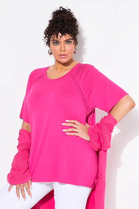 T-Shirt, Zierbänder, Classic, Rundhals, Halbarm, pink