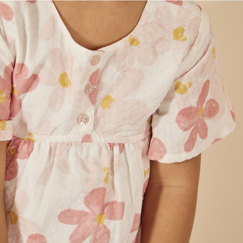 Robe manches courtes volantée imprimé floral pour bébé fille - Ecru