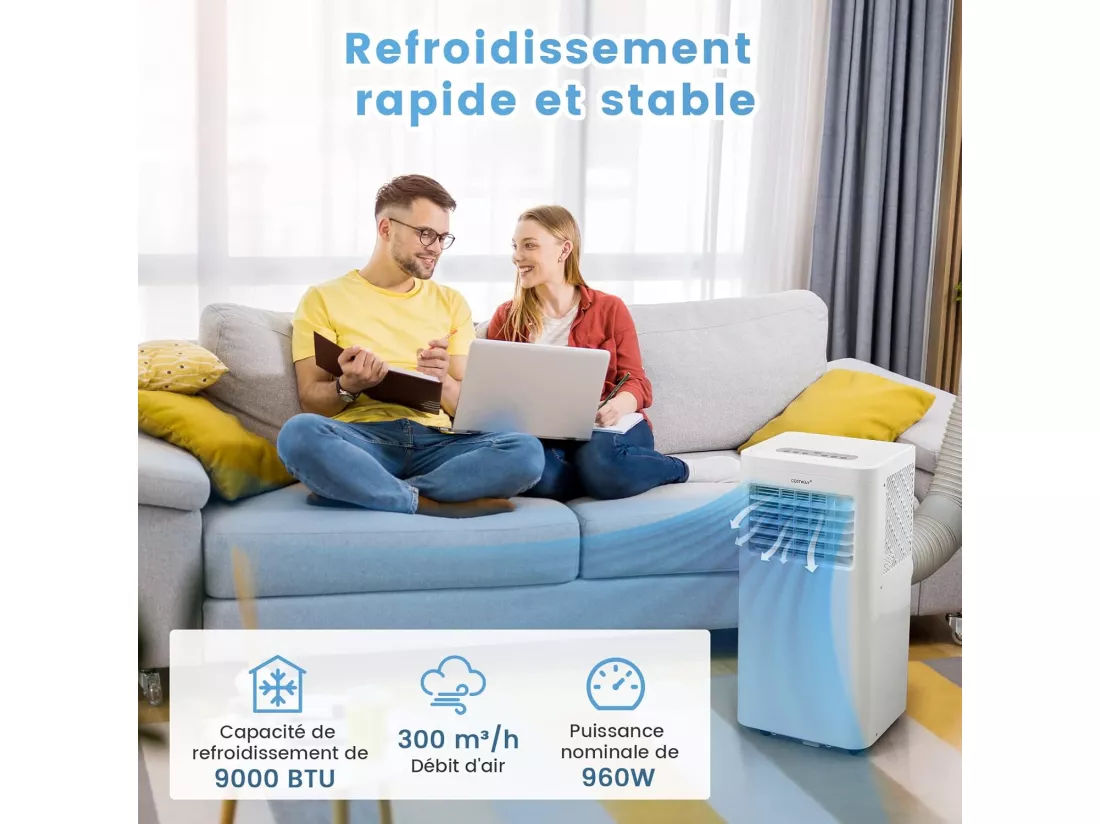 Climatiseur Mobile Silencieux 9000BTU, Climatiseur Portable 4 en 1 Rafraîchisseur R290, Ventilateur, Déshumidificateur 20L/Jour, Mode Nuit, Minuterie 24h [Classe A]