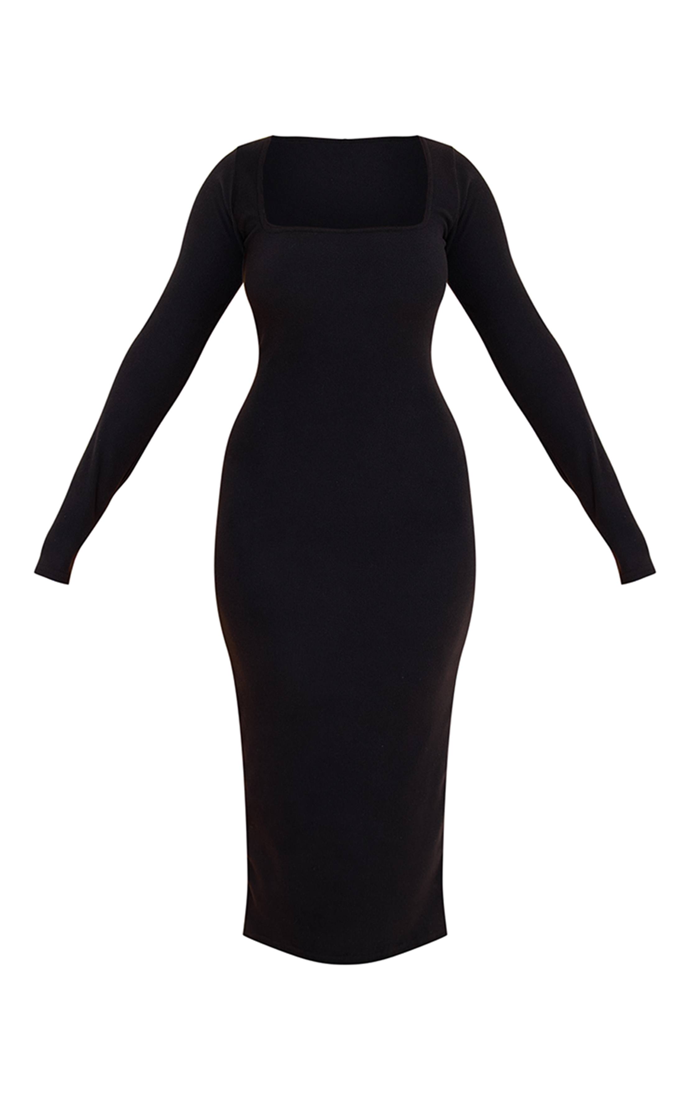 Noir Robe Maxi Moulante À Col Carré Et Manches Longues En Maille Côtelée Micro Shape