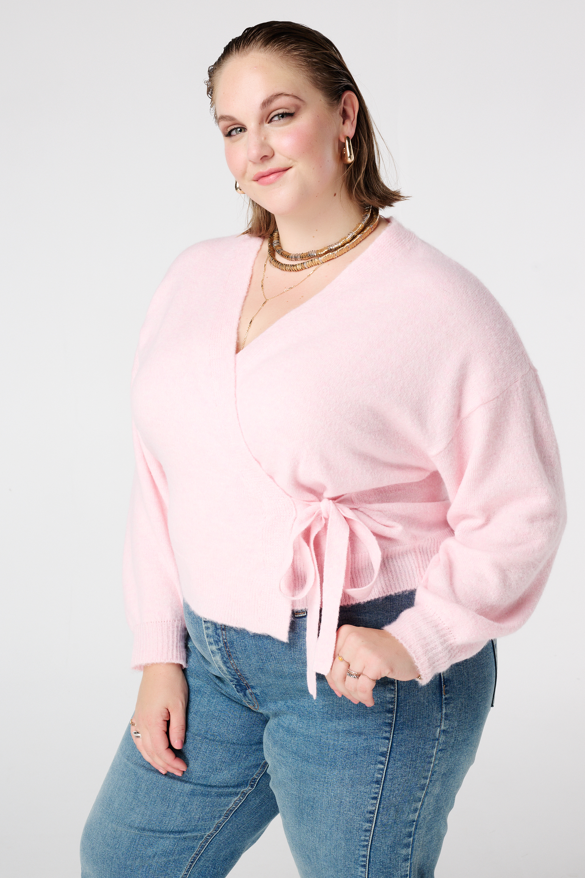 Overslag vest met strikceintuur Licht pink