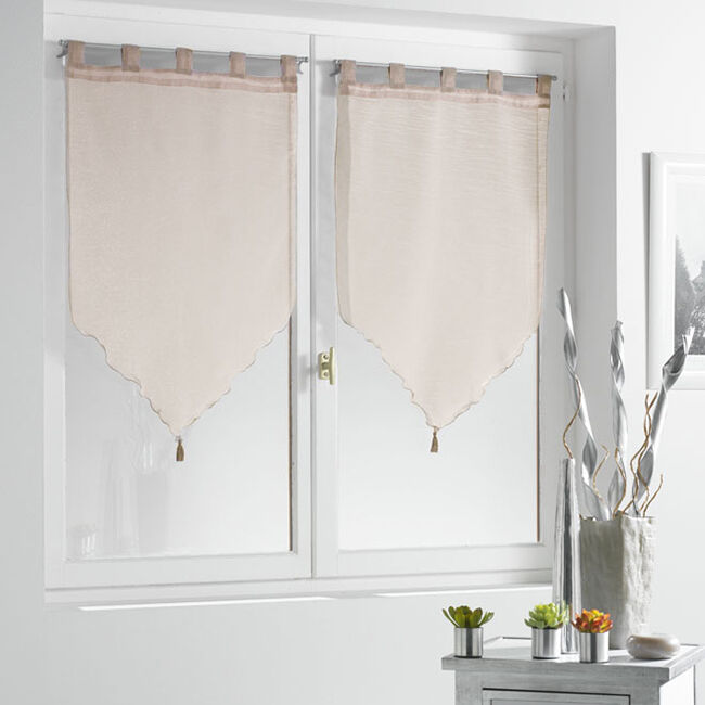 Vitrage passe tringle voile uni taupe pointe pompon 60x120cm x2