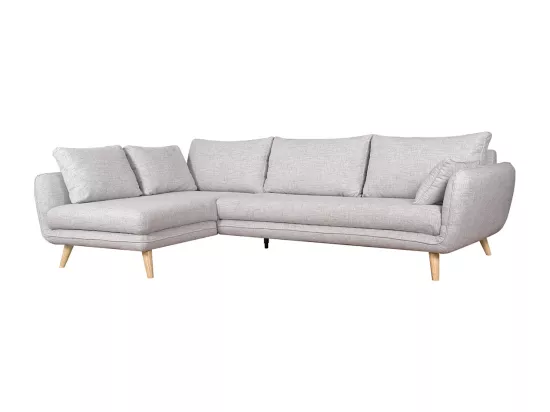 Canapé d'angle gauche scandinave 5 places en tissu gris clair chiné et bois clair CREEP