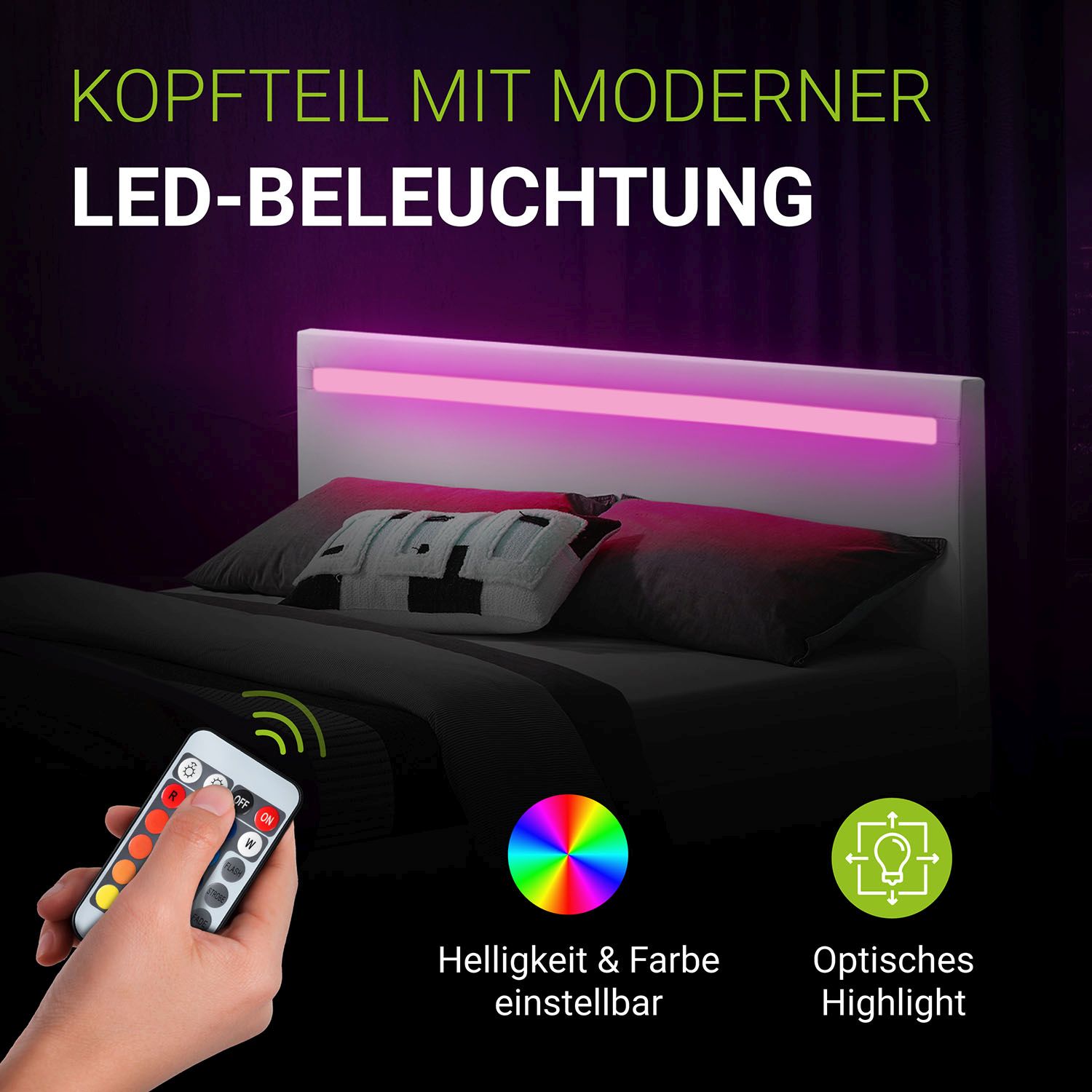 Juskys Polsterbett Paris 140 x 200 cm weiß – Bett mit LED Beleuchtung, Lattenrost & Kopfteil