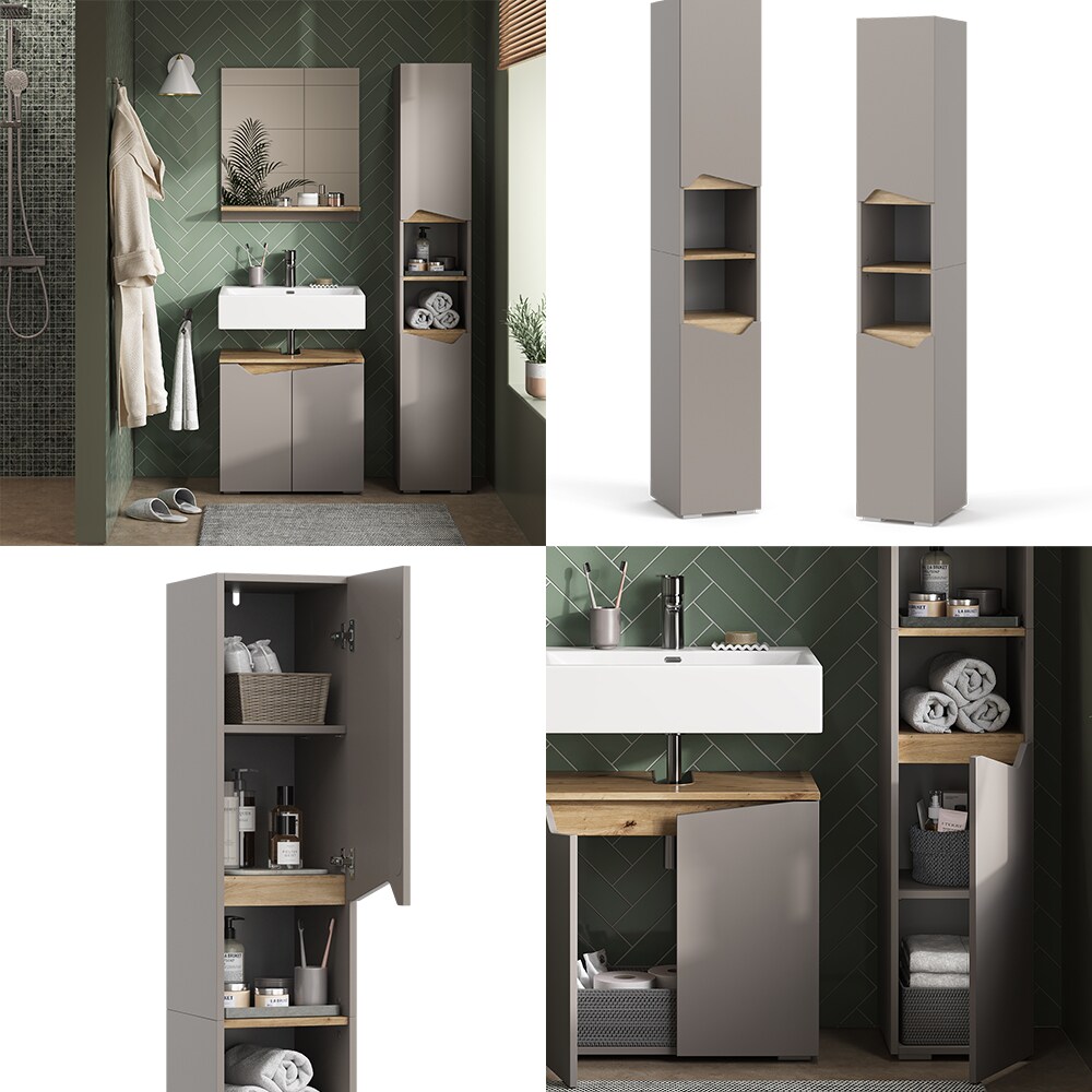 Vicco Hochschrank Marelle Greige Eiche 30 x 180 cm mit Türen und offenen Fächern