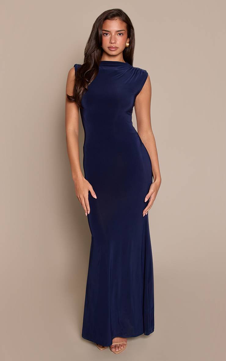 Bleu Marine Robe Maxi Moulante À Double Couche Avec Détail Froncé Aux Épaules