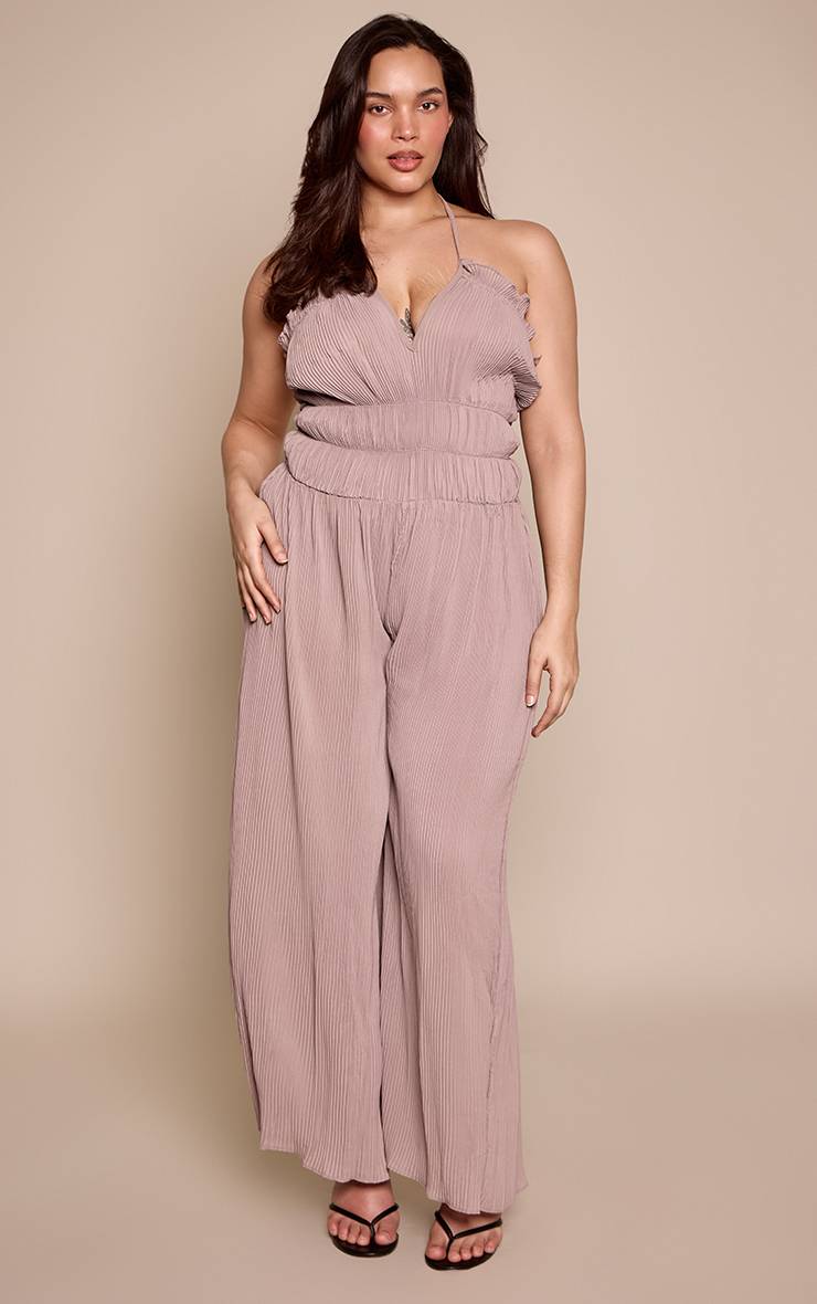 Taupe Combinaison-pantalon Grande Taille Plissée À Encolure Américaine Et Jambes Larges
