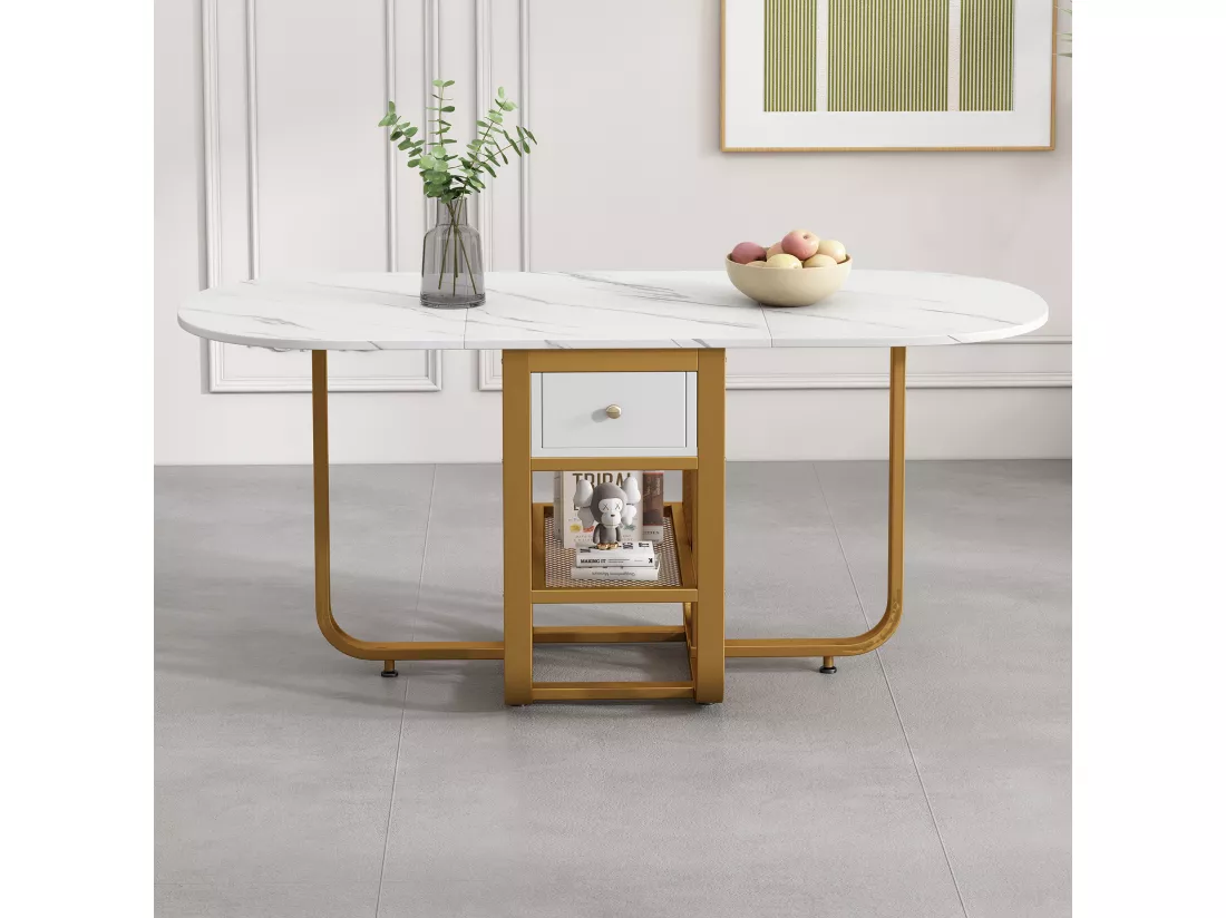 Table à manger ovale extensible 4 à 6 couverts avec 2 tiroirs - L160xW70xH75cm - Panneau de particules - Motif marbre - Blanc + or