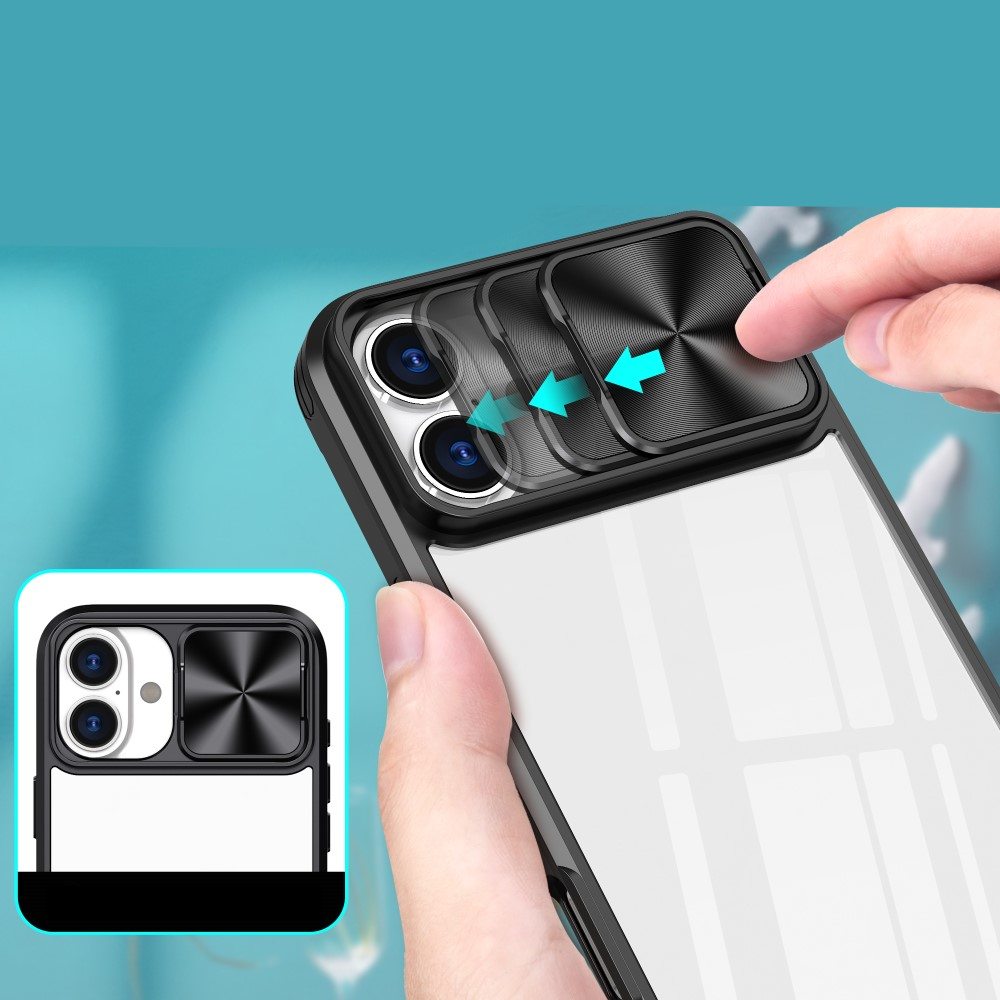 iPhone 16 Hybrid Hülle mit Acryl Rückseite   TPU Bumper   Cam-Slider - Lila / Transparent