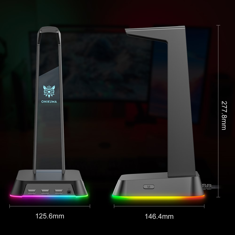 Gaming Kopfhörer Halterung Ständer für Over-Ear Headset mit 3x USB A / 3.5mm Klinke Anschluss   RGB Beleuchtung - Schwarz