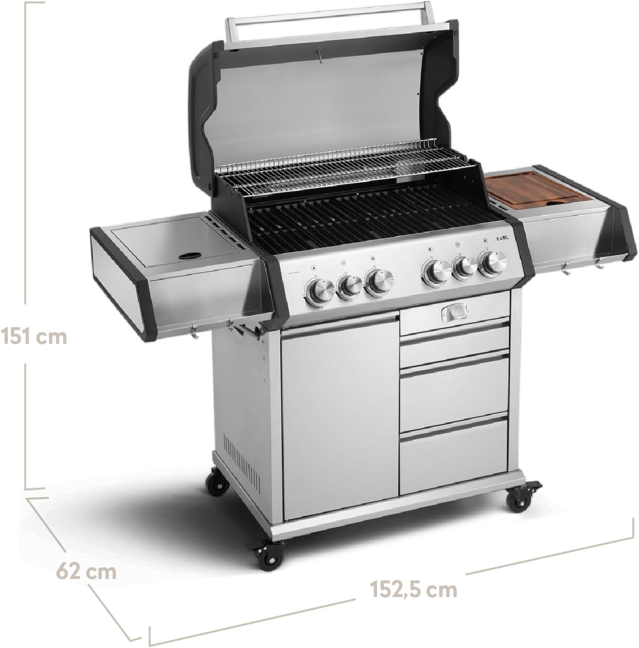 BURNHARD® 4-Brenner Gasgrill Edelstahl inkl. Heckbrenner, mit Edelstahl Grillrost & inkl. Abdeckhaube, Seitenkochfeld mit Infrarot Keramikbrenner - Big EARL