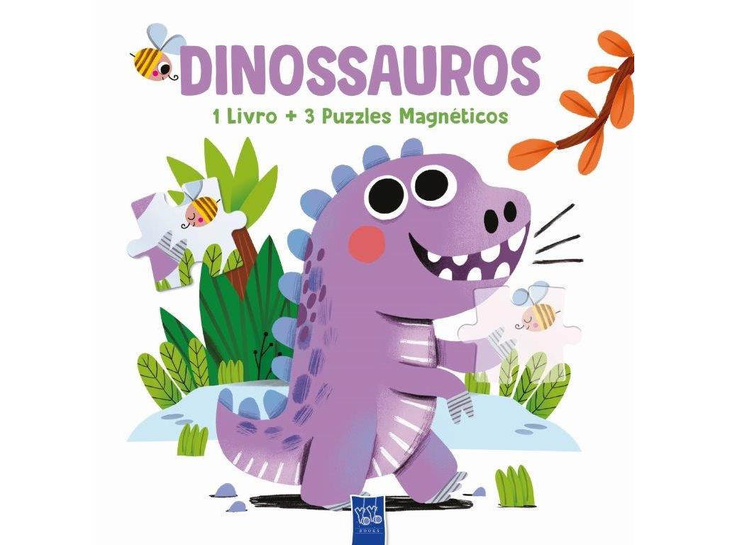 LIVRO LEIO BRINCO E APRENDO - DINOSSAUROS - 1 LIVRO   3 PUZZLES MAGNETICOS