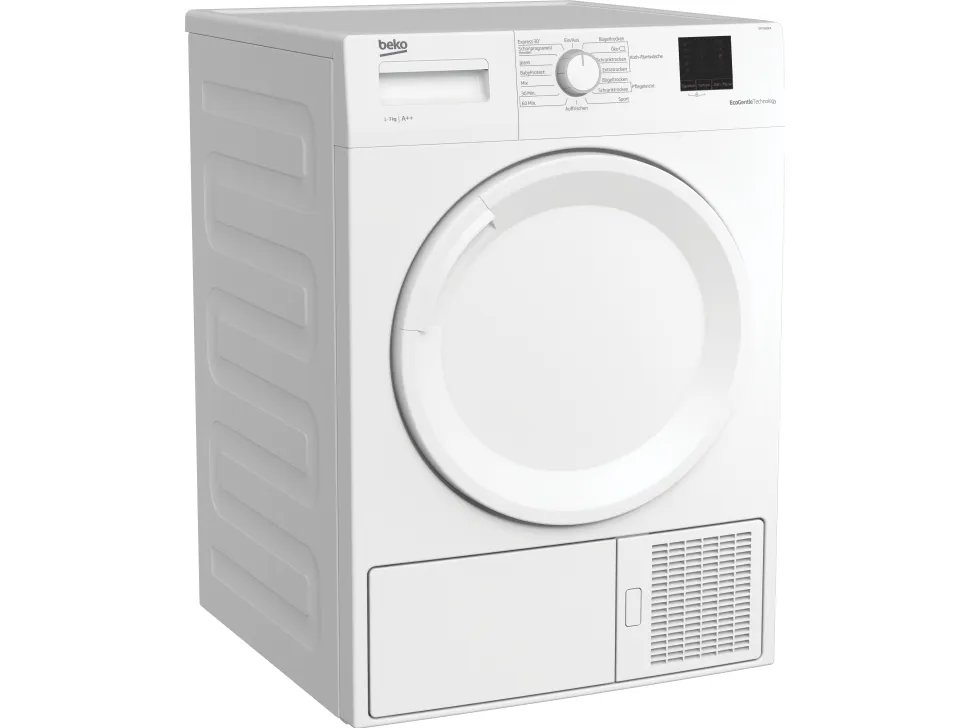 Beko DPS7206PA, Fritstående, Front-læsning, Varmepumpe, Hvid, Knapper, Dreje, Berøring, Venstre