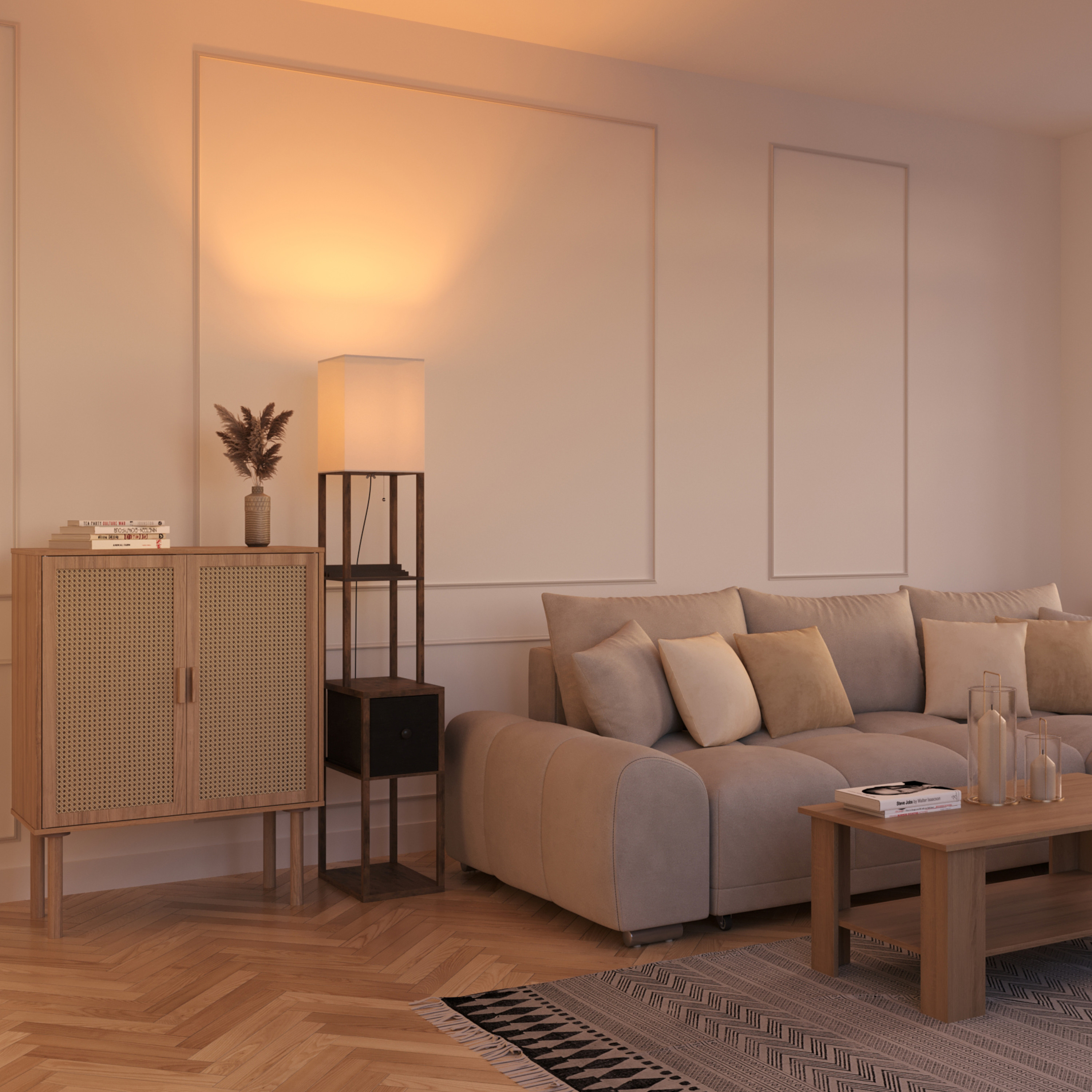 Stehlampe EMBER mit Regal und Schublade braun