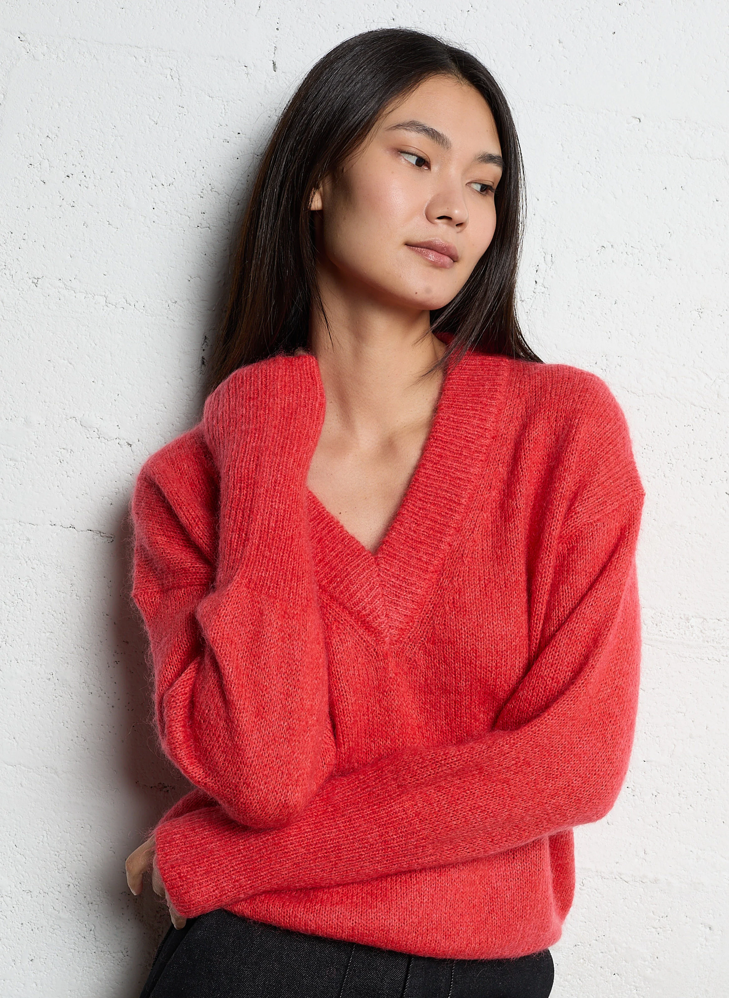 LORE - Pull ample col V en laine et soie | Rouge