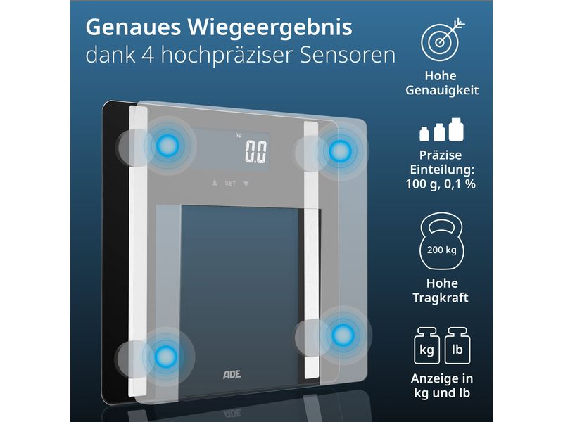 ADE Körperanalysewaage Ines Schwarz Digitale Körperfettwaage bis 200 kg