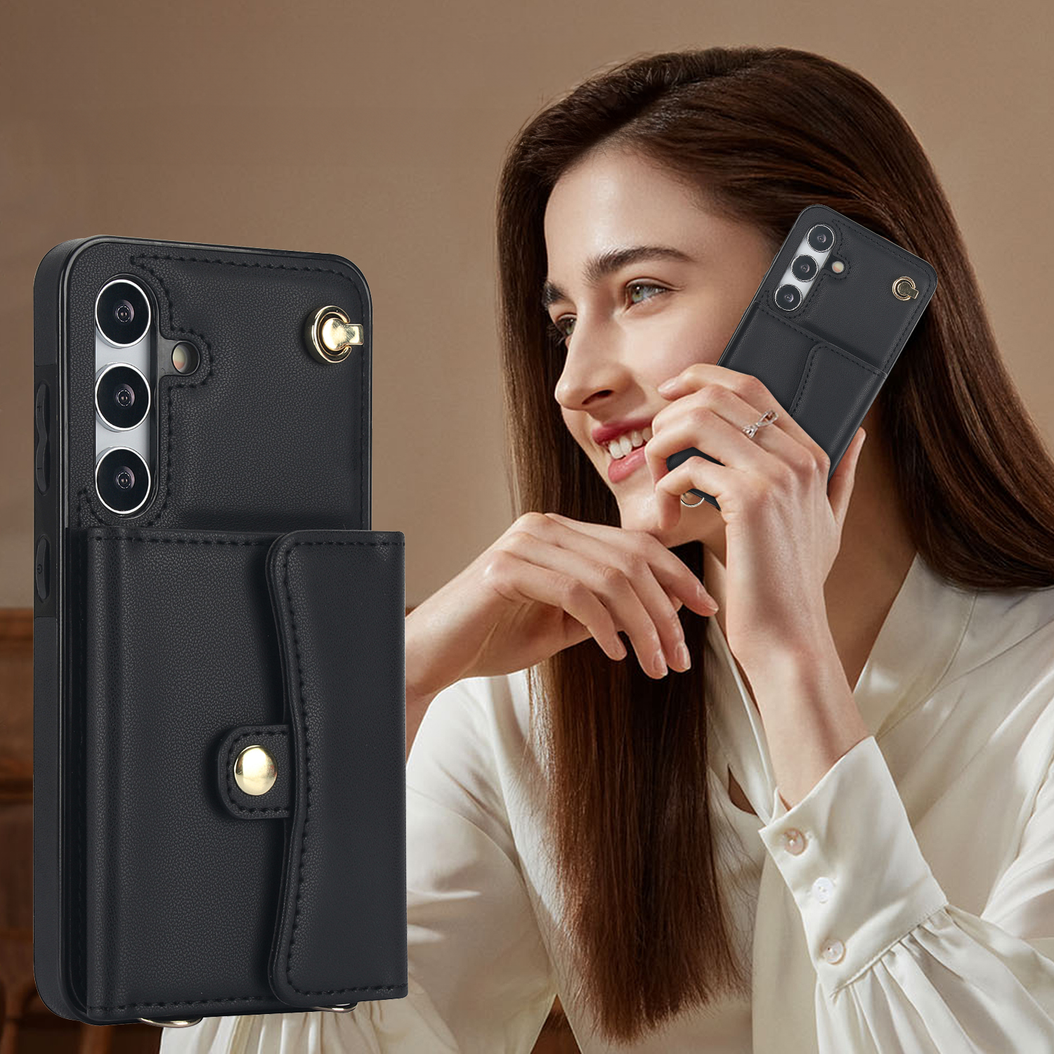 Samsung Galaxy S24  Plus Necklace Leder Schutz Hülle mit Kartenfach   Handykette (140cm) - Schwarz